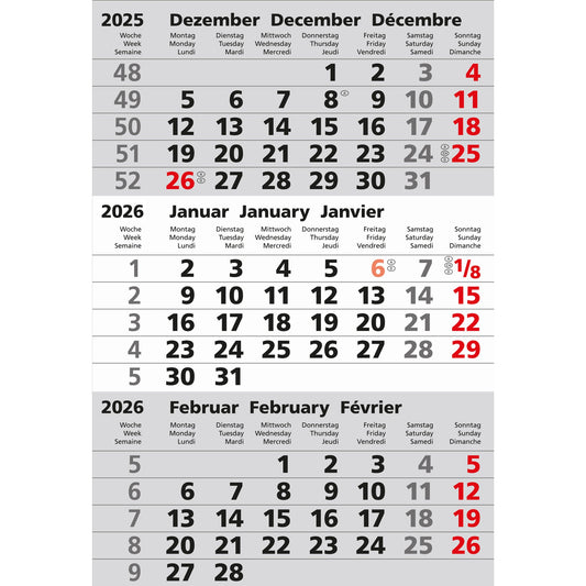 GÜSS® Ersatzeinlage Aufstellkalender 2026 Monatsplan 3 Monate/1 Seite schwarz/rot