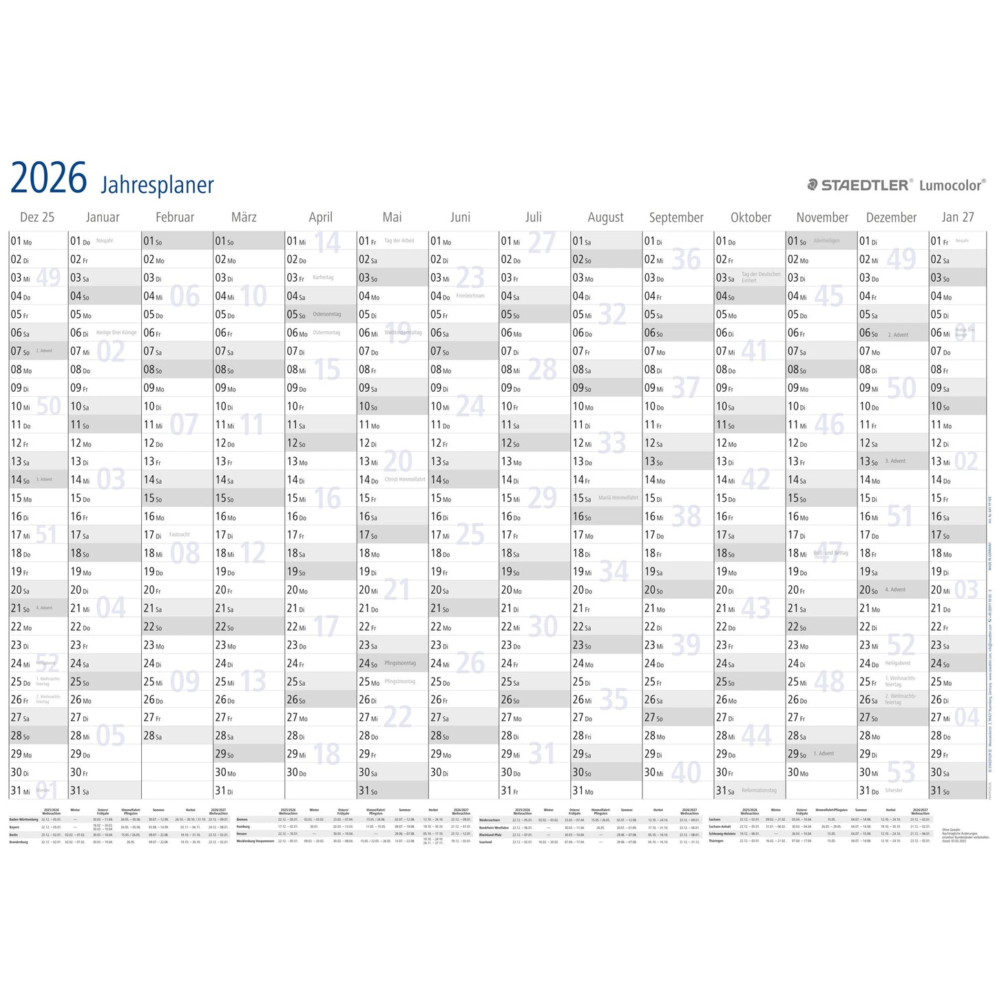 STAEDTLER® Plakatkalender Lumocolor® 2026 DIN A1 84,1 x 59,4 cm (B x H) 14 Monate/1 Seite Kunststoff