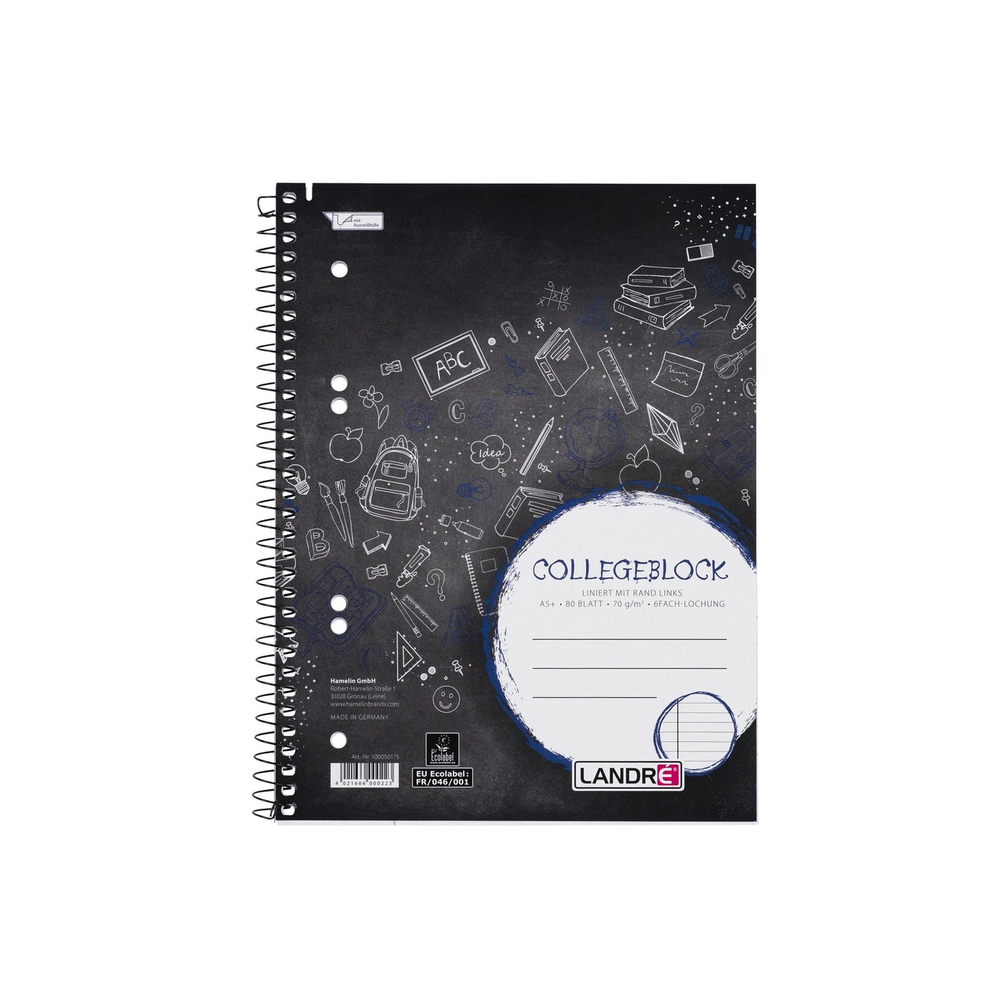 Landré Collegeblock DIN A5+ liniert mit Rand innen 70g/m² schwarz/blau 80 Bl.