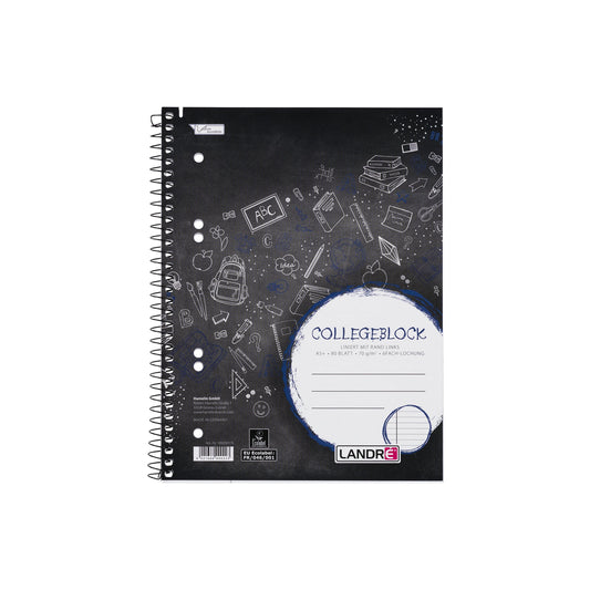 Landré Collegeblock DIN A5+ liniert mit Rand innen 70g/m² schwarz/blau 80 Bl.