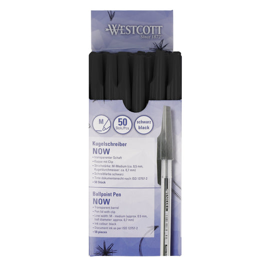 Westcott Einwegkugelschreiber NOW 0,5mm schwarz Kappenmodell dokumentenecht 50 St./Pack.