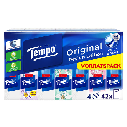 Tempo® Papiertaschentücher Original Design Edition 21 x 21 cm (B x H) 4-lagig Zellstoff weiß 42 x 10 St./Pack.