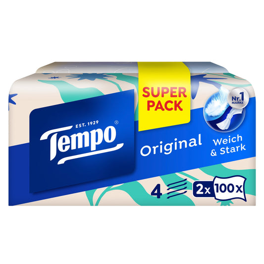 Tempo® Papiertaschentücher Original Duo-Box 21 x 21 cm (B x H) 4-lagig Zellstoff weiß 2 x 100 St./Pack.