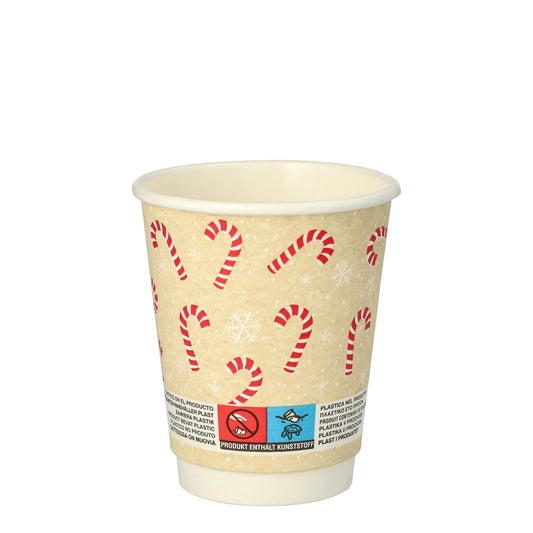 PAPSTAR Trinkbecher Einweg 200ml Pappe, PLA-beschichtet natur Candy Canes 25 St./Pack.