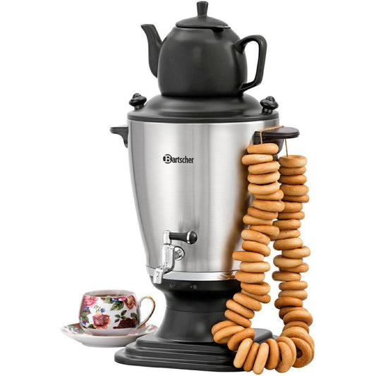 Bartscher Teekocher Samowar 3,2l 2.000W bis 100°C inkl. Steingut-Teekanne (0,8 L), Teesieb