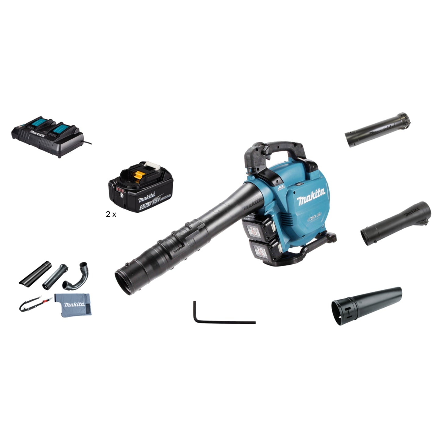 Makita® Laubsauger DUB363 804m³/h 234km/h 7.850 U/Min. Akku inkl. Runddüse 72, 2 x Saugrohr (A/B), Blasrohr 90-72, Absaug-Set, Sechskantstiftschlüssel (4 mm), 2 x Akku BL 1850B, Doppelakkuladegerät DC18RD