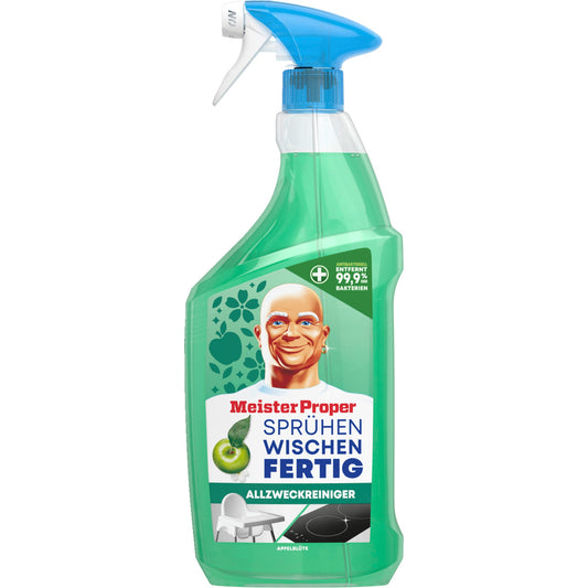 Meister Proper Allzweckreiniger Sprühen Wischen Fertig Oberflächen mit Lebensmittelkontakt Apfelblüte antibakteriell 10-11 Sprühflasche Kunststoff 0,8l