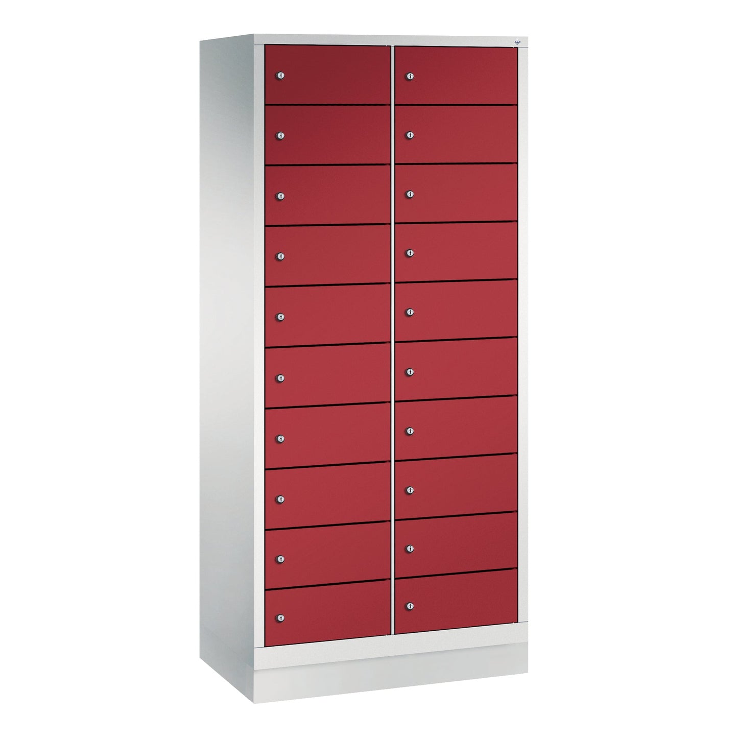 C+P Schließfachschrank Evolo48 Notebooks, Tablets, Smartphones 2 x 10 Fächer Stahl, lackiert Farbe der Front: rubintrot