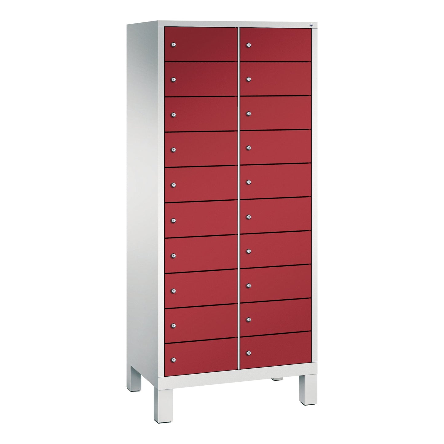 C+P Schließfachschrank Evolo48 Notebooks, Tablets, Smartphones 2 x 10 Fächer Stahl, lackiert Farbe der Front: rubinrot