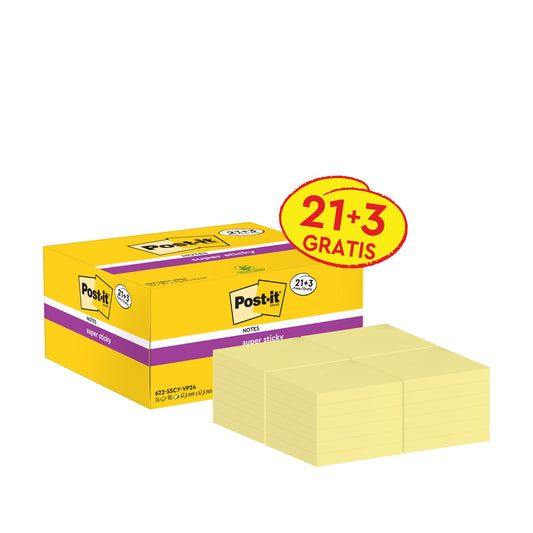 Post-it® Haftnotiz Super Sticky Notes 47,6 x 47,6 mm (B x H) gelb 90 Bl./Block 24 Block/Pack.