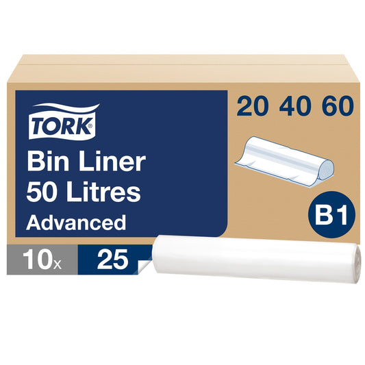 Tork Müllbeutel 61,5 x 89,5 cm (B x H) 50l 55 % recyceltem Post-Consumer-Recylingmaterial transparent 10 x 25 St./Pack.