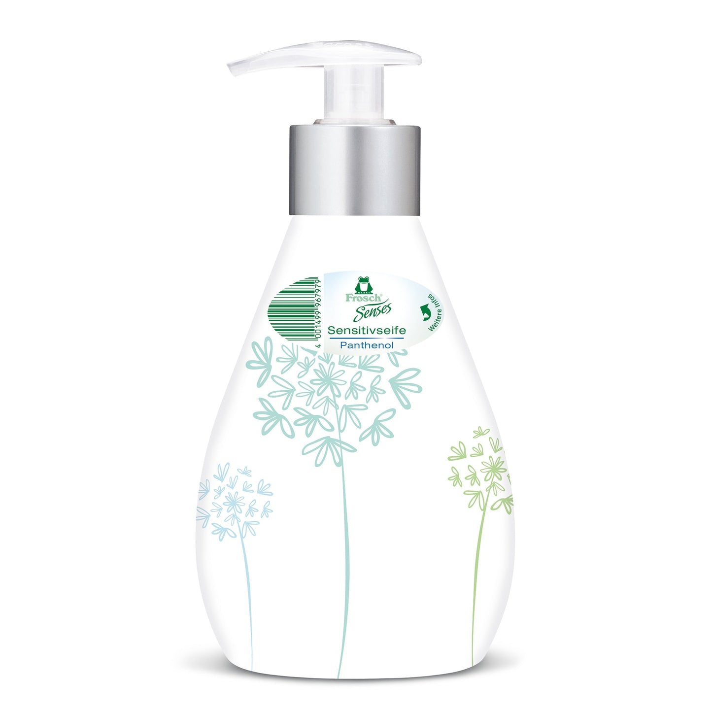 Frosch Flüssigseife Panthenol dermatologisch getestet nicht antibakteriell pH-Wert: 5,2 Ausführung des Behälters: Pumpflasche Material des Behälters: Kunststoff, 100 % recycelbar 0,3l