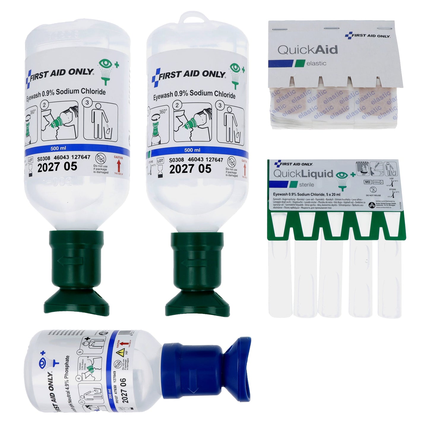 FIRST AID ONLY Augenspülstation QuickSafe Basic 2 x Augenspülflasche 500 ml Kochsalzlösung (0,9%), 1 x Augenspülflasche 200 ml Phosphatpufferlösung (4,9%), 5 x Augenspüllösung QuickLiquid 20 ml, 1 x QuickAid elastische Pflaster (45 Stück), 1x Broschüre