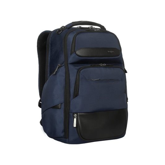 Targus Notebookrucksack HeritageLuxe Reißverschluss gepolstertes Hauptfach, mehrere Einsteckfächer, herausnehmbare Tasche für technisches Zubehör, einziehbarer USB-C-Anschluss, Trolleygurt 100 % Polyester blau