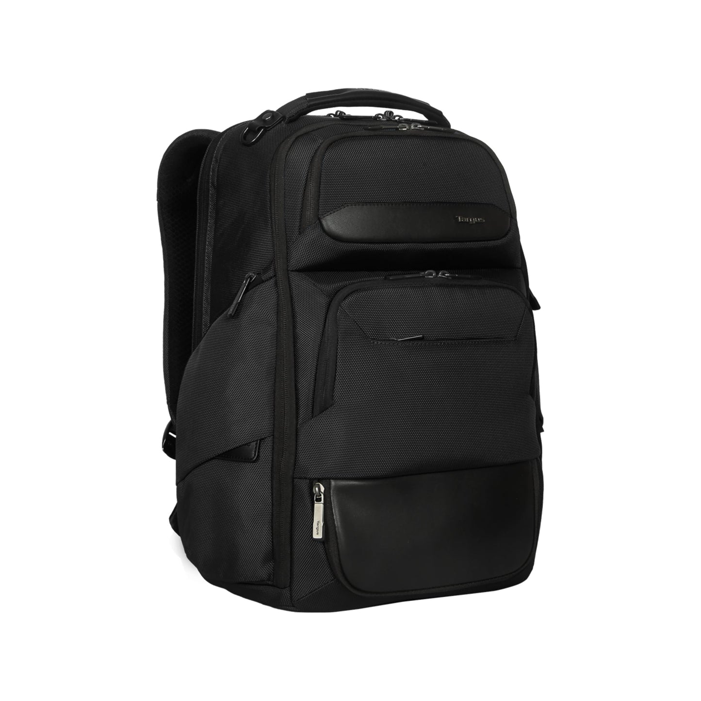 Targus Notebookrucksack HeritageLuxe Reißverschluss gepolstertes Hauptfach, mehrere Einsteckfächer, herausnehmbare Tasche für technisches Zubehör, einziehbarer USB-C-Anschluss, Trolleygurt 100 % Polyester schwarz