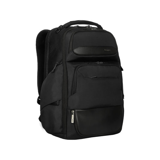 Targus Notebookrucksack HeritageLuxe Reißverschluss gepolstertes Hauptfach, mehrere Einsteckfächer, herausnehmbare Tasche für technisches Zubehör, einziehbarer USB-C-Anschluss, Trolleygurt 100 % Polyester schwarz