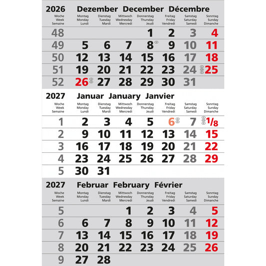 GÜSS® Ersatzeinlage Aufstellkalender 2027 Monatsplan 3 Monate/1 Seite schwarz/rot